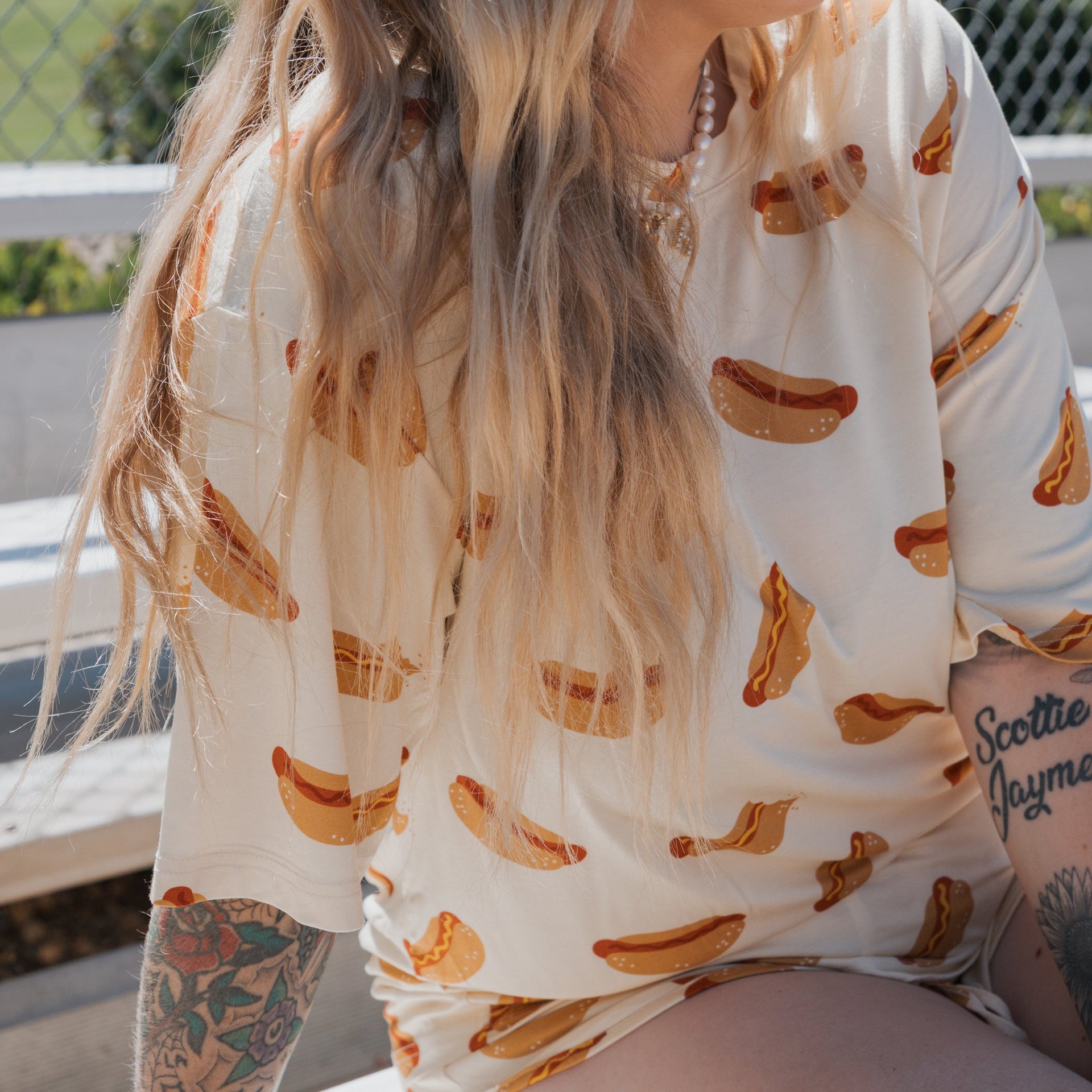 Women's Bamboo Short Set in Cream and Brown Hot Dog Print