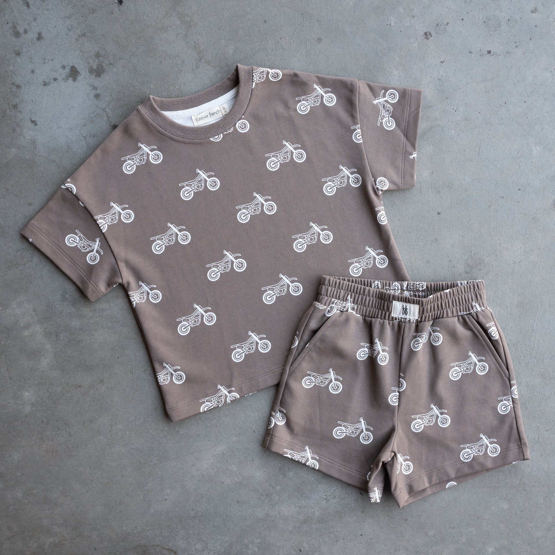 Dirt Bike French Terry Short Set for Kids - Grey and White
