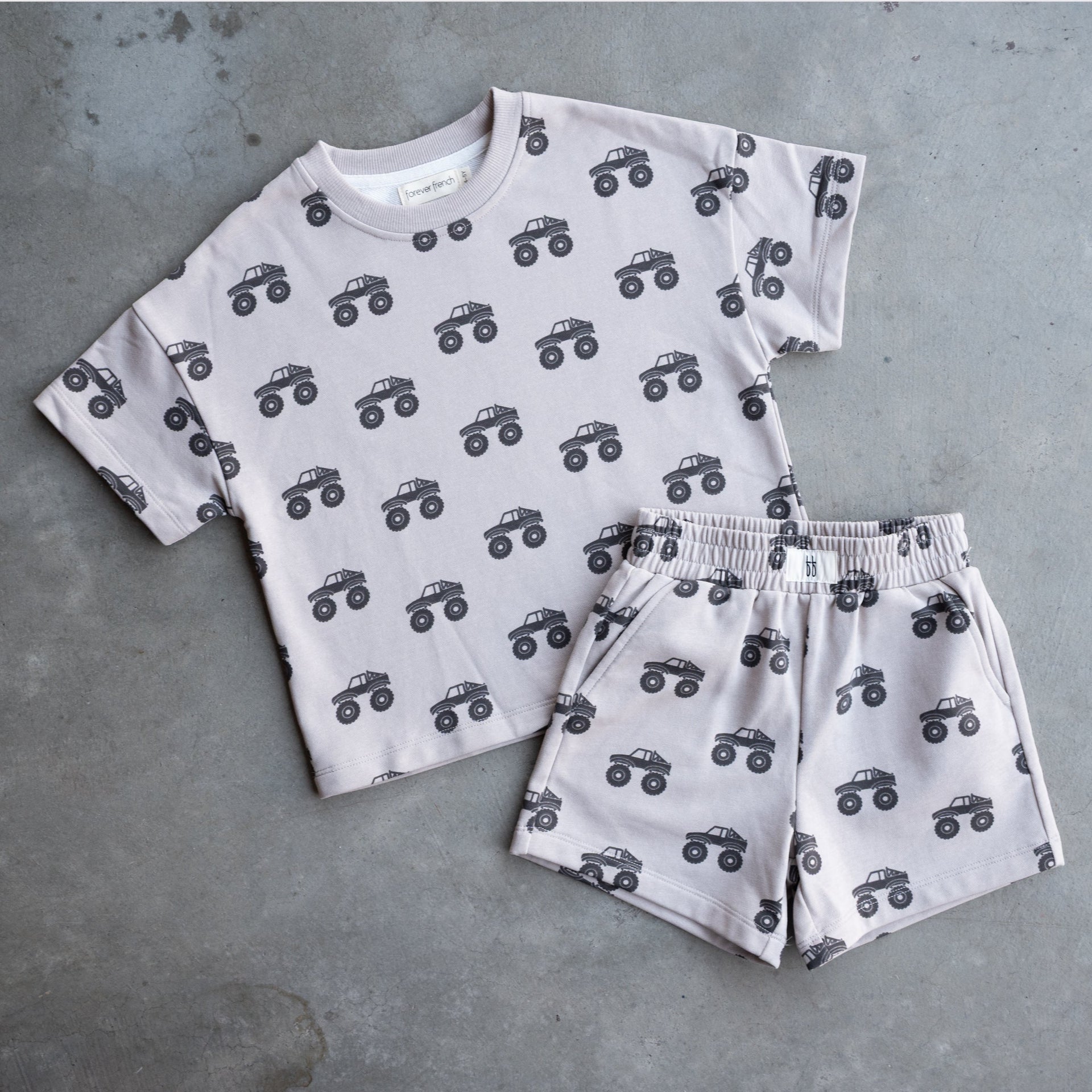 Monster Truck French Terry Short Set for Kids - Light Grey Charcoal