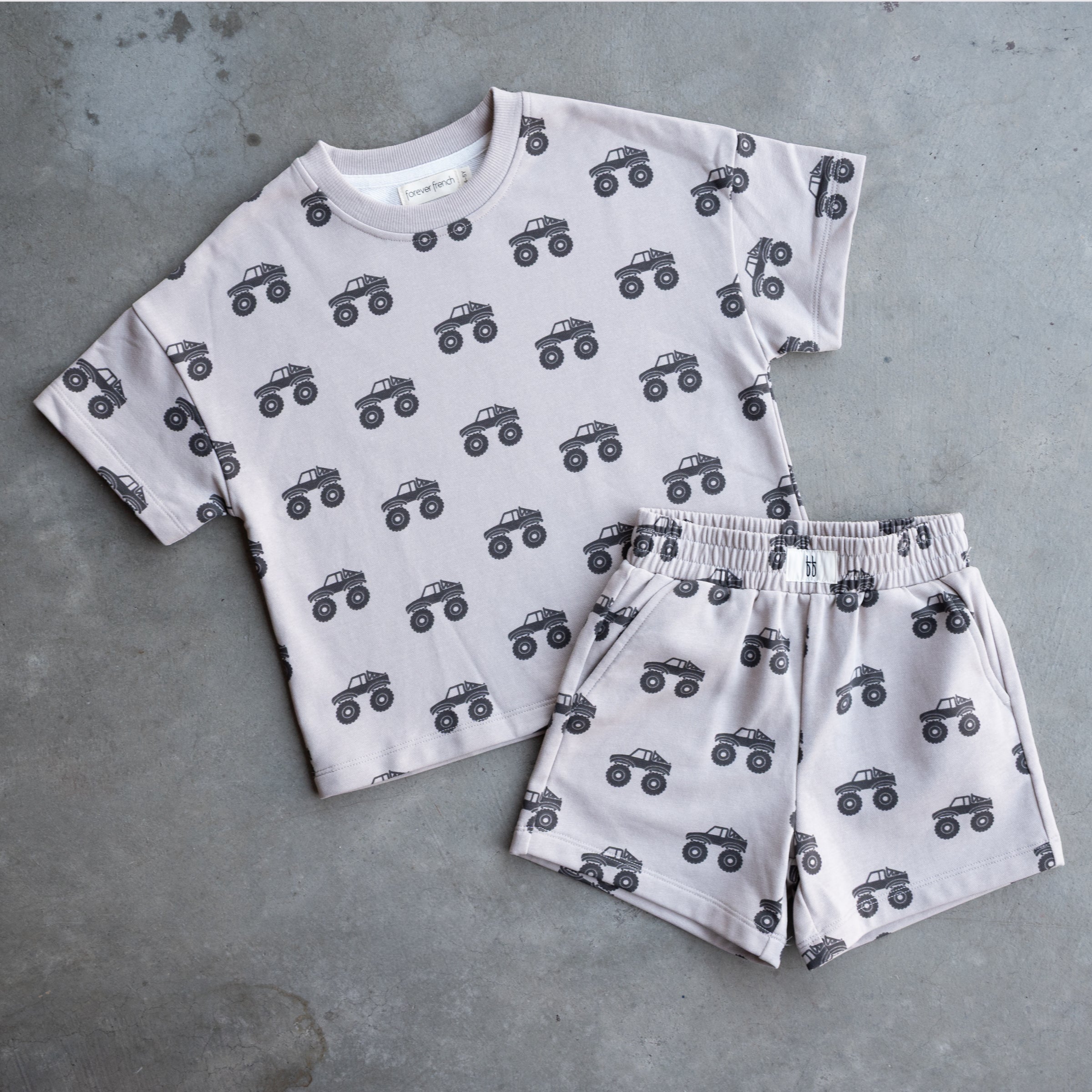 Monster Truck French Terry Short Set for Kids - Light Grey Charcoal