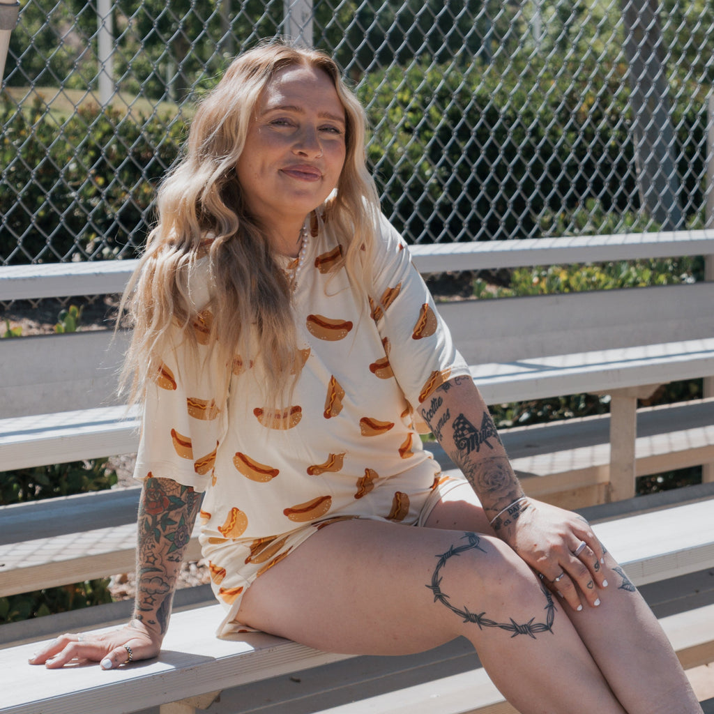Women's Bamboo Short Set in Cream and Brown Hot Dog Print