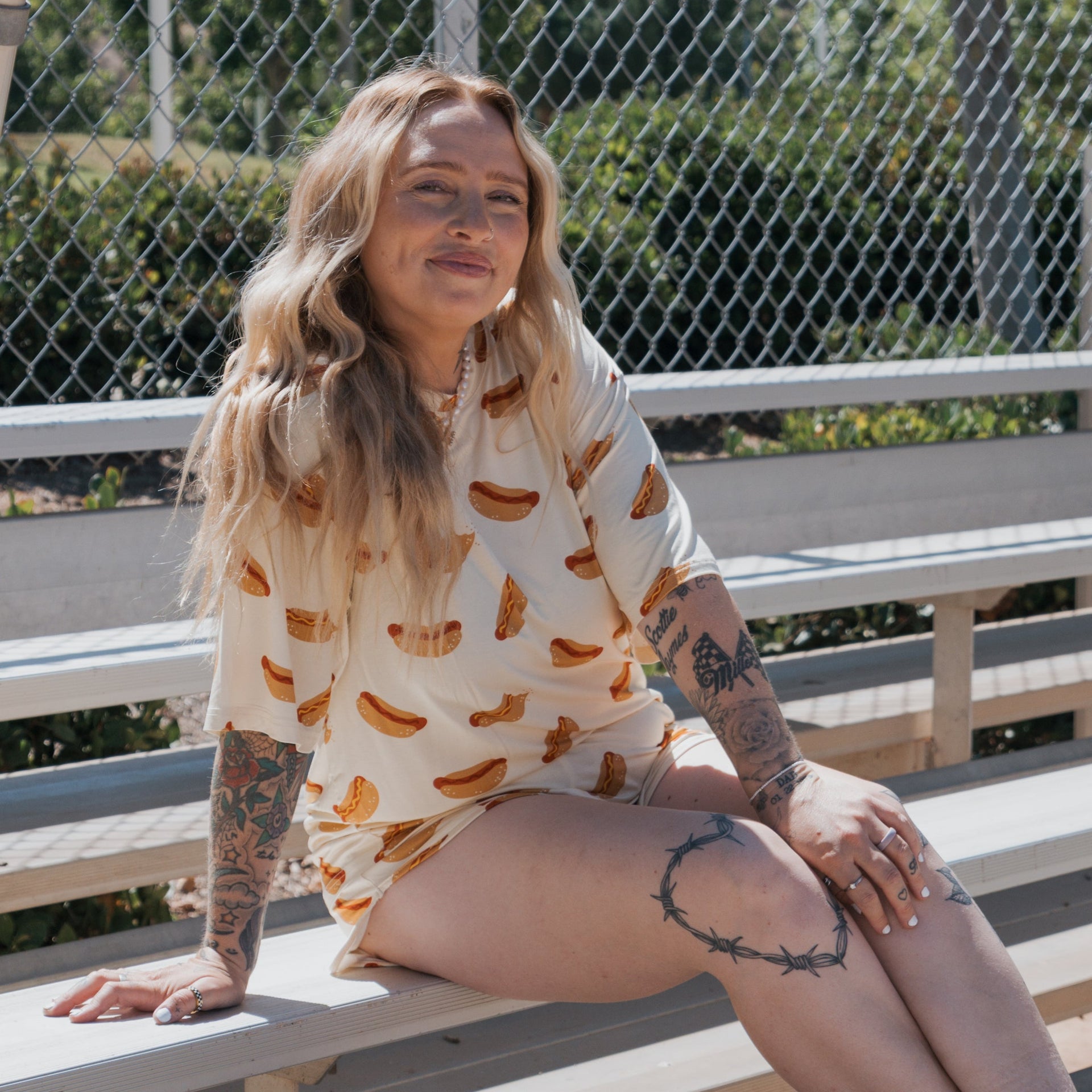 Women's Bamboo Short Set in Cream and Brown Hot Dog Print