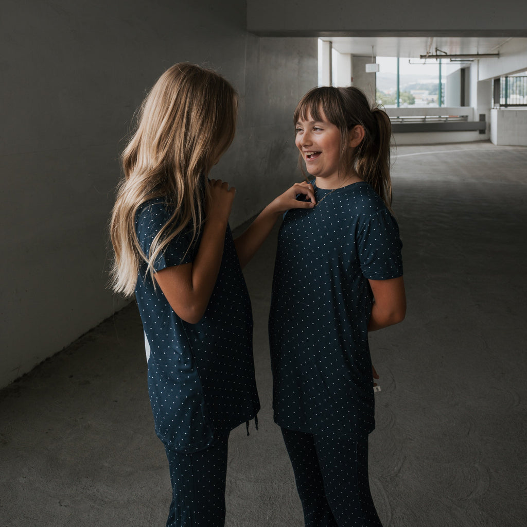 Kids Bamboo Short Sleeve Lounge Set in Navy and White Polka Dot