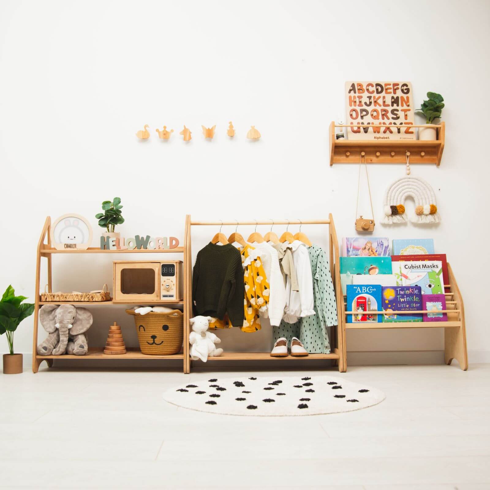 Set of Montessori-style wooden storage furniture for kids' playrooms