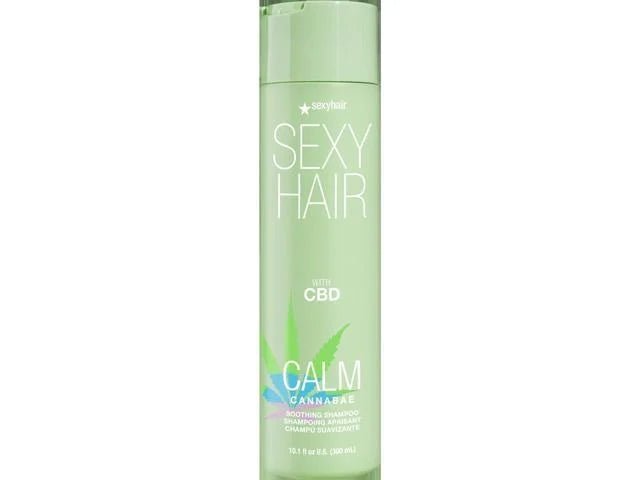 Green bottle of Sexy Hair Calm Cannabae Soothing Shampoo infused with CBD.