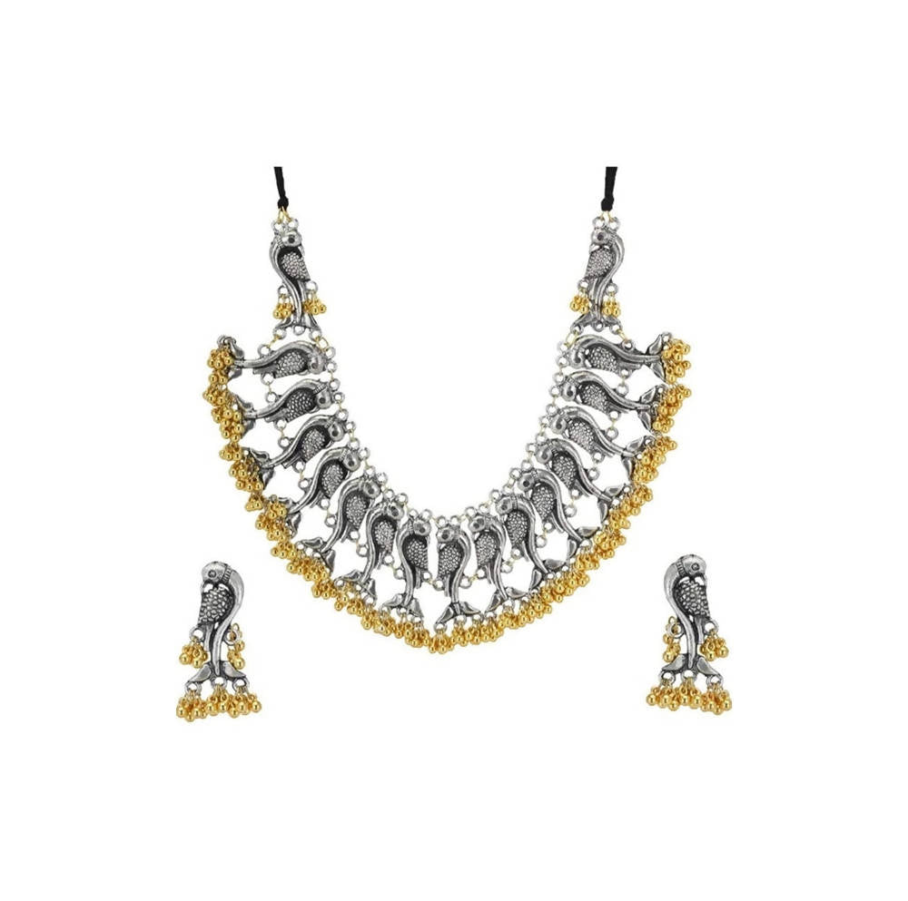 Traditional Parrot Motif Choker Necklace Set with Golden Ghungroo