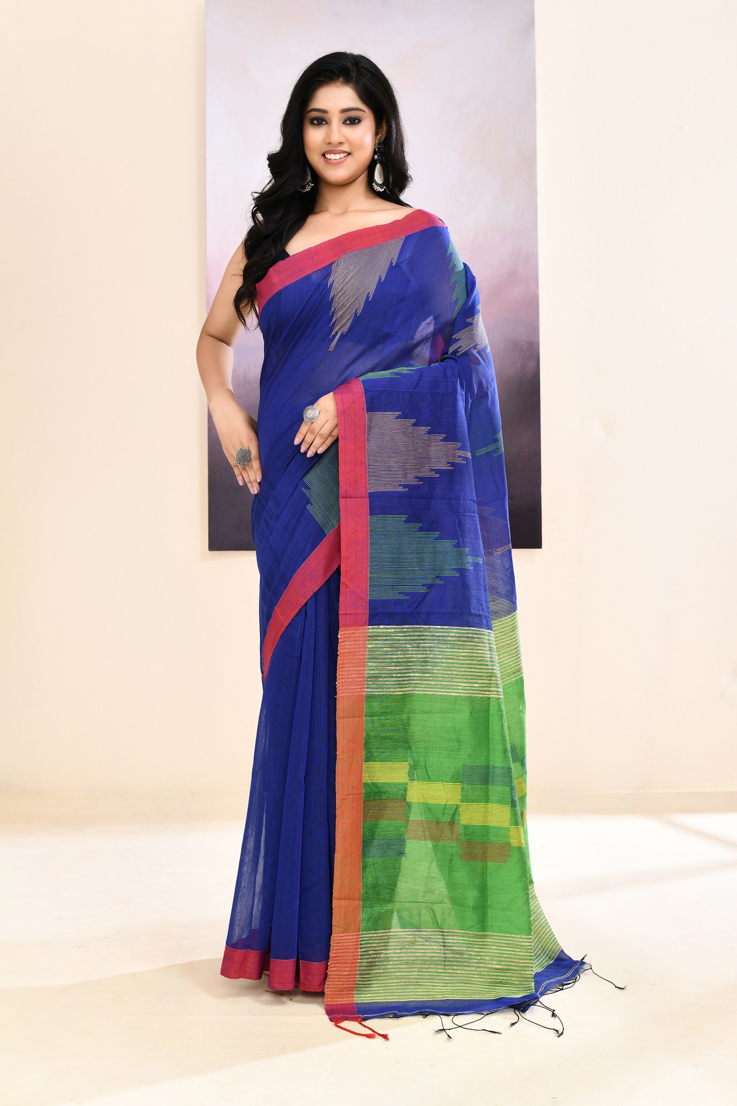 Blue Jamdani Saree with Traditional Temple Border Embellishment