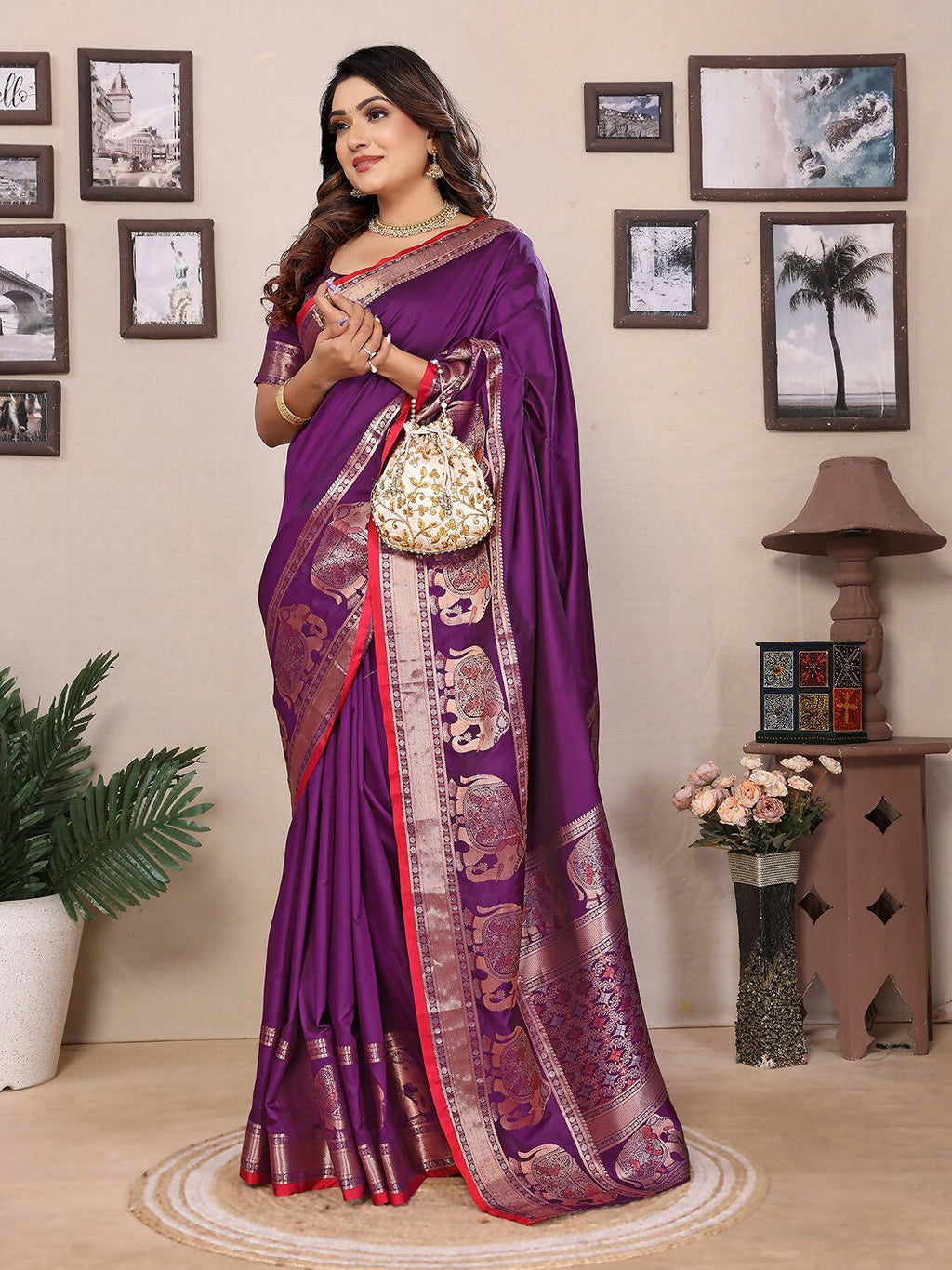 Joban Fashion Purple Solid Banarasi Silk Sarees
