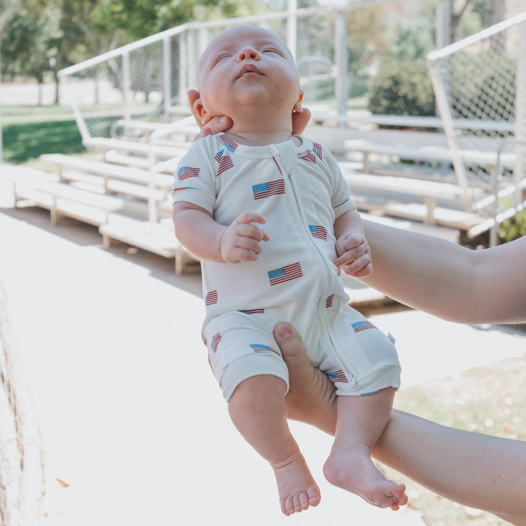 Shortie Bamboo Zip Romper in Americana Ribbed Print
