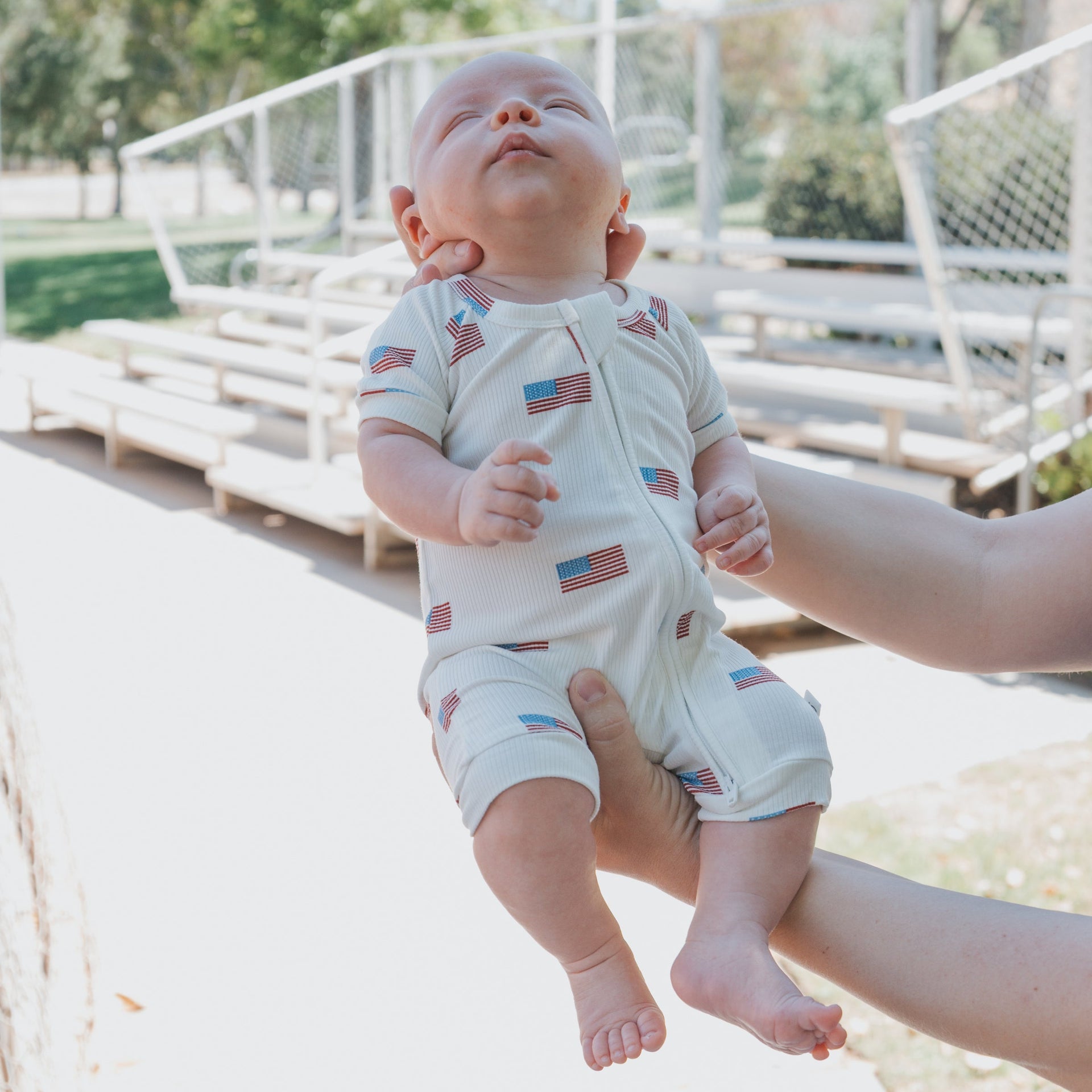 Shortie Bamboo Zip Romper in Americana Ribbed Print