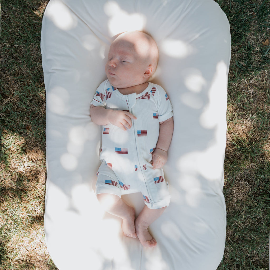 Shortie Bamboo Zip Romper in Americana Ribbed Print