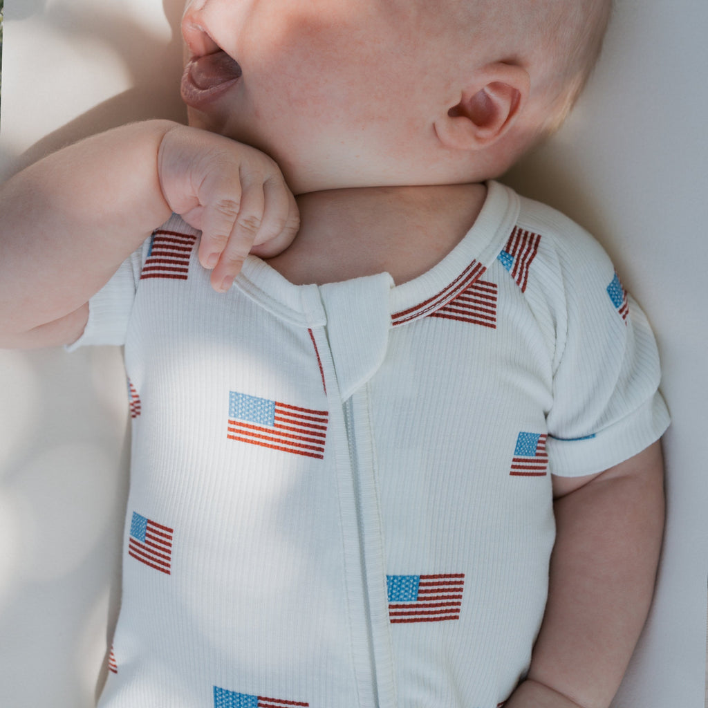 Shortie Bamboo Zip Romper in Americana Ribbed Print
