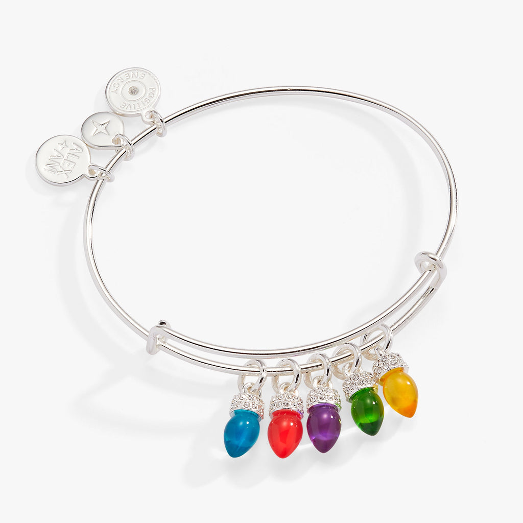 Expandable holiday bangle featuring multicolor Christmas light bulb charms and clear crystals.