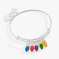 Expandable holiday bangle featuring multicolor Christmas light bulb charms and clear crystals.