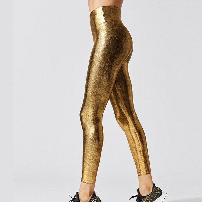 High Waist Metallic Compression Leggings for Yoga and Gym Sportswear