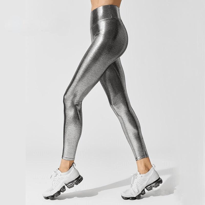 High Waist Metallic Compression Leggings for Yoga and Gym Sportswear