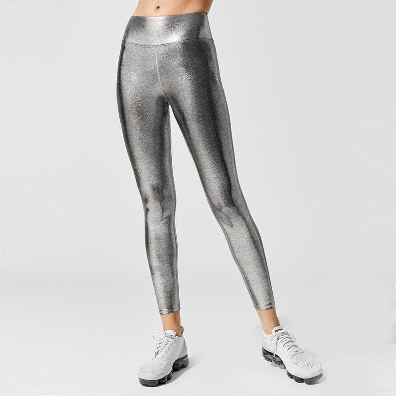 High Waist Metallic Compression Leggings for Yoga and Gym Sportswear