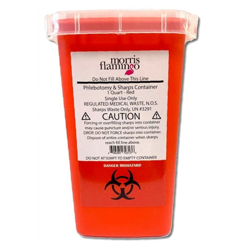 1 quart bright red Morris Flamingo sharps container with transparent walls and snap-on lid for bathroom or office use.