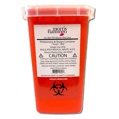 1 quart bright red Morris Flamingo sharps container with transparent walls and snap-on lid for bathroom or office use.