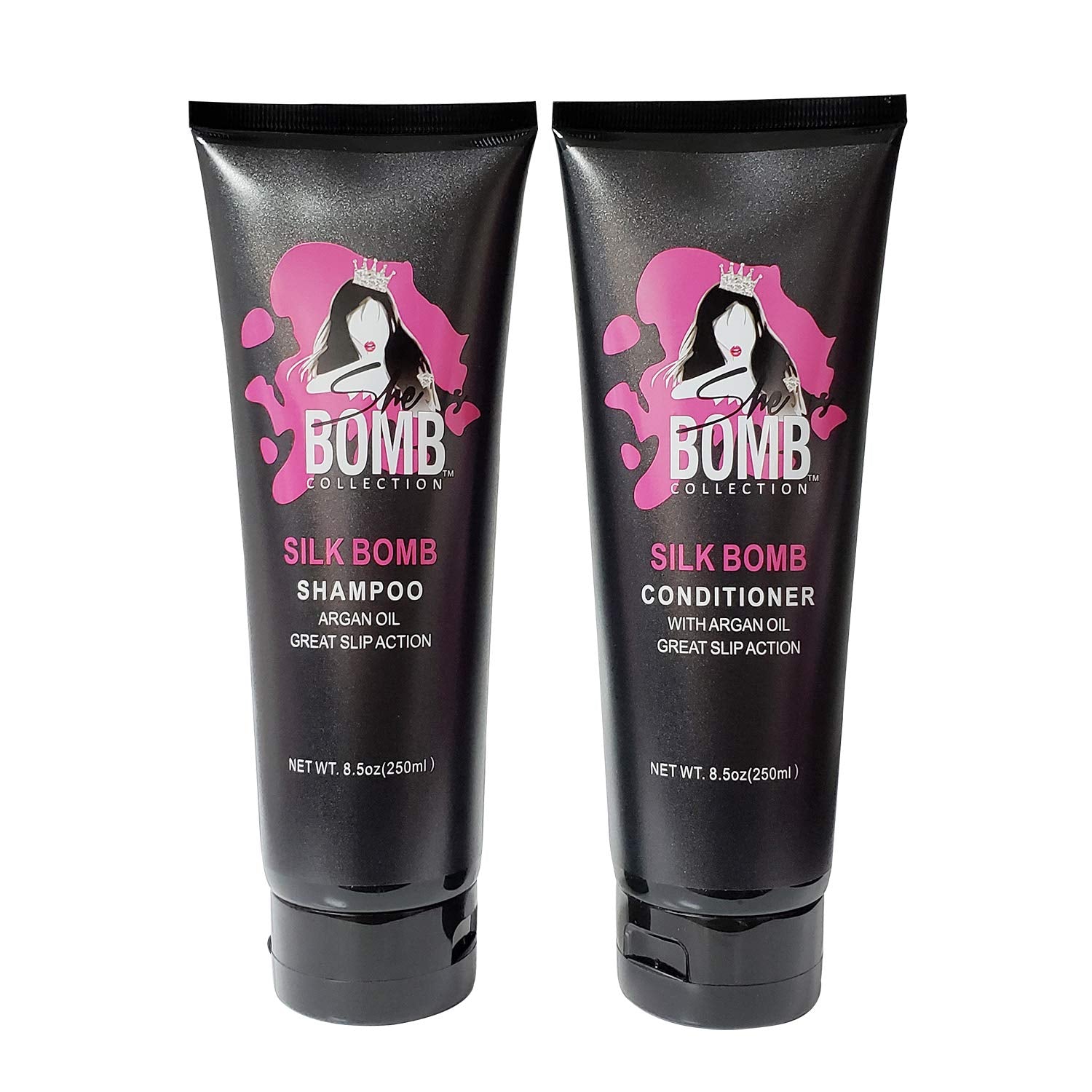 She Is Bomb Silk Bomb Shampoo and Conditioner 8.5oz bottles with black and pink branding