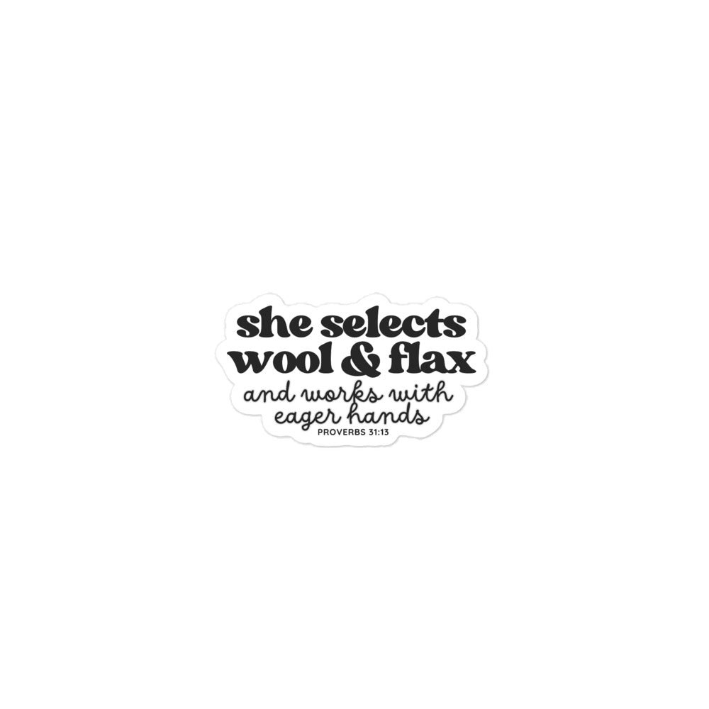 “She Selects Wool & Flax” Bubble Free Sticker – Designed by Nicole SnowBubble-free stickers