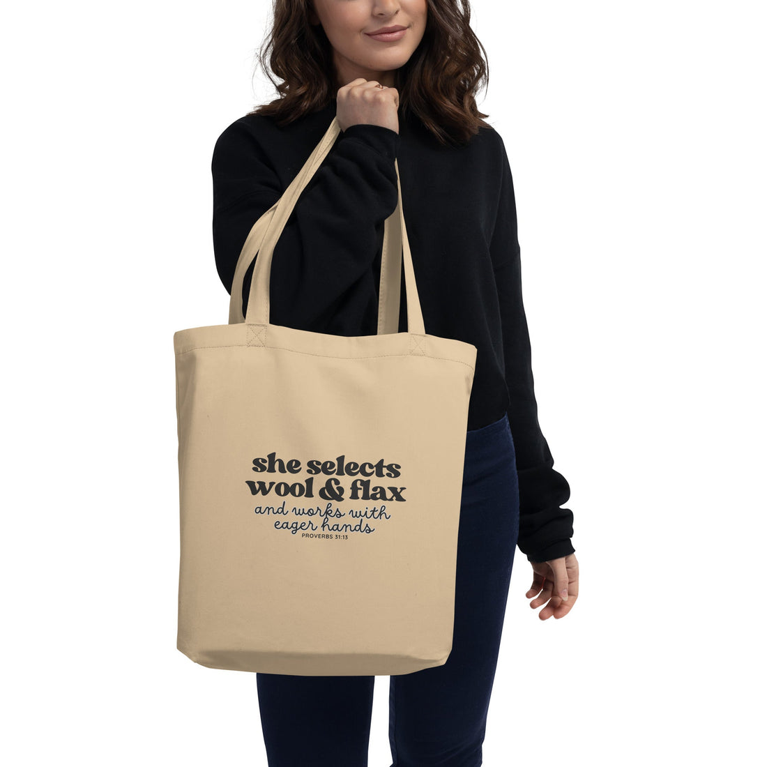 Minimalist beige cotton tote bag featuring Proverbs 31:13 scripture print