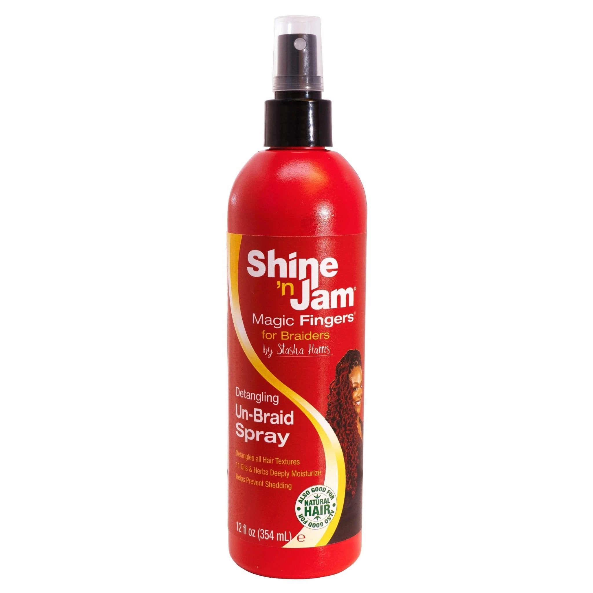 Bottle of Shine 'n Jam Magic Fingers Un-Braid Spray 12 oz for easy hair detangling
