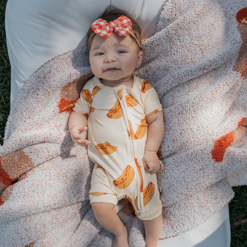 Shortie Bamboo Zip Romper for Babies in Hot Dogs Print
