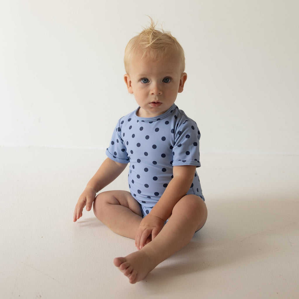 Baby Shortie Swimsuit in Sully Polka Dot Navy and Light Blue