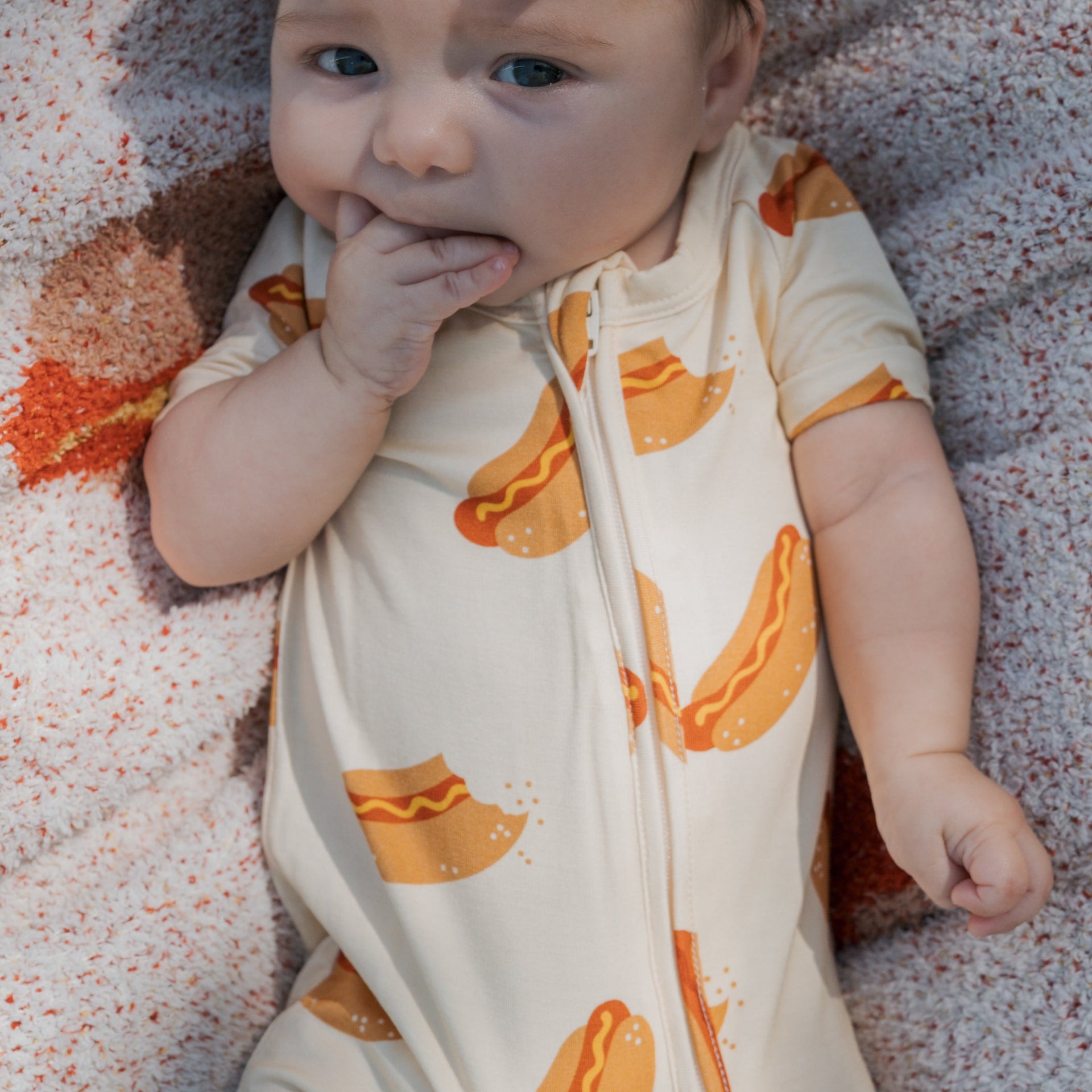 Shortie Bamboo Zip Romper for Babies in Hot Dogs Print