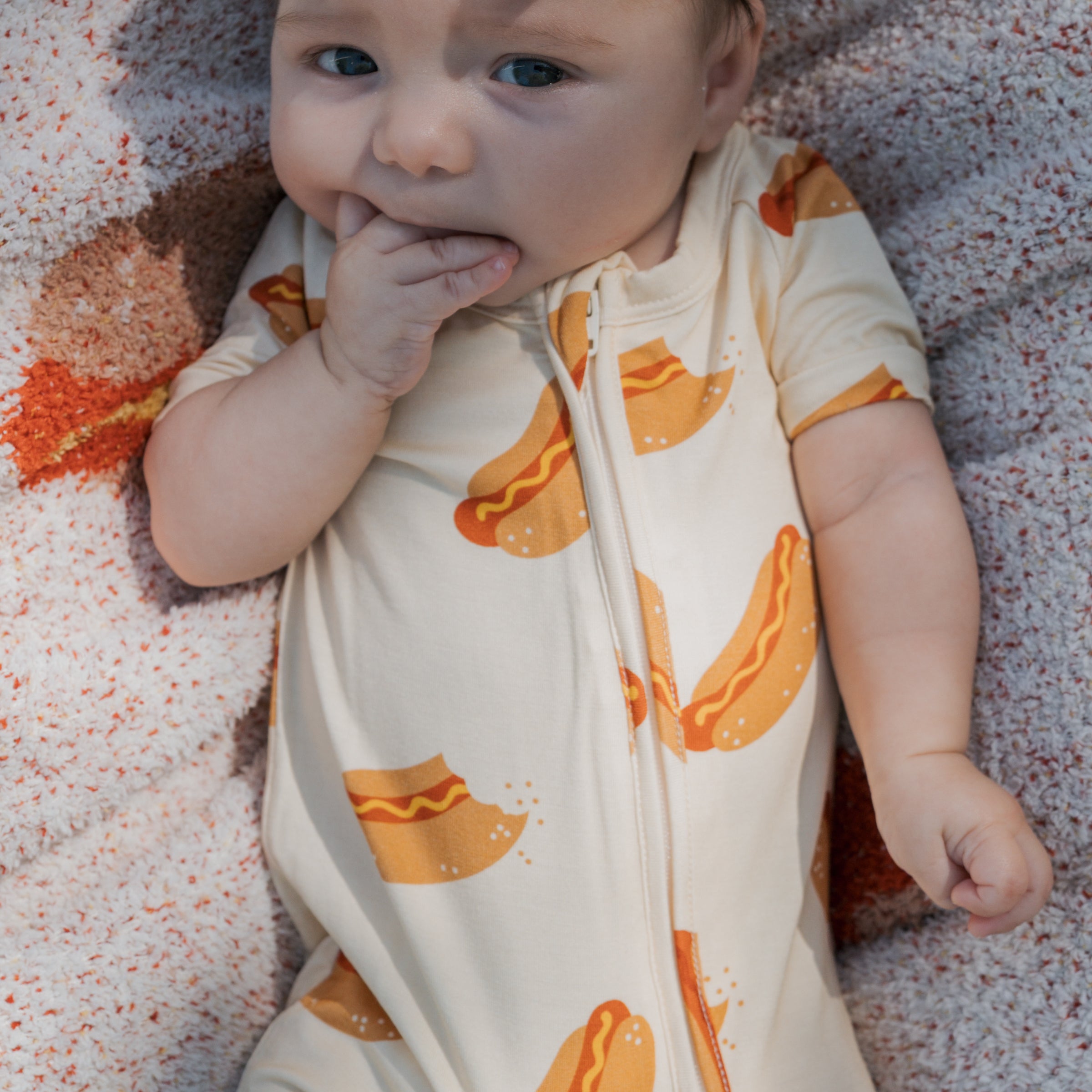 Shortie Bamboo Zip Romper for Babies in Hot Dogs Print