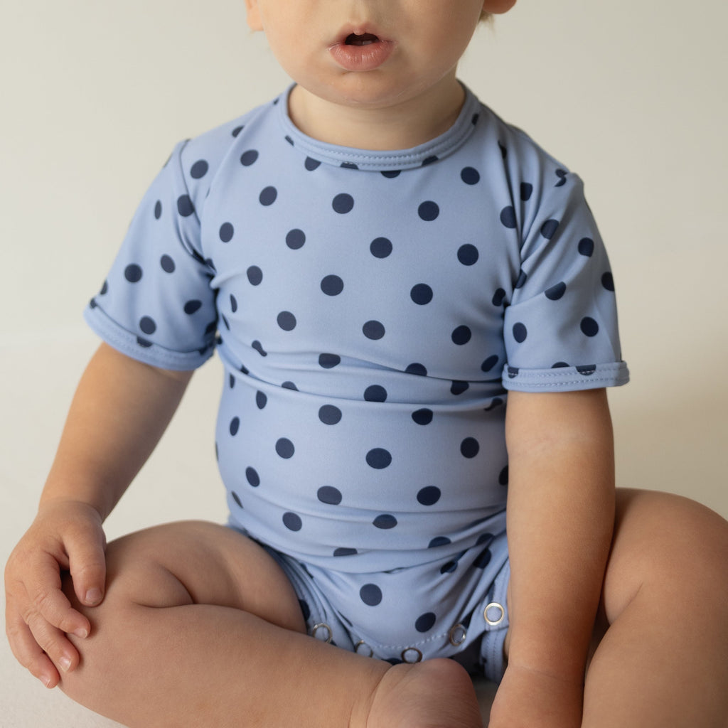 Baby Shortie Swimsuit in Sully Polka Dot Navy and Light Blue