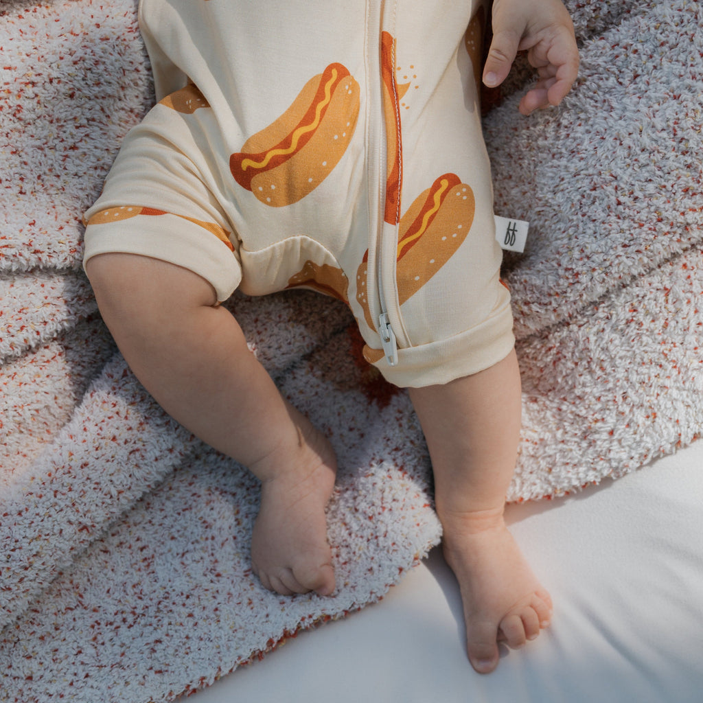 Shortie Bamboo Zip Romper for Babies in Hot Dogs Print