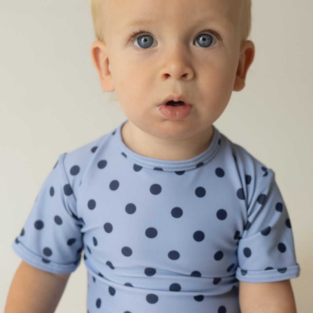 Baby Shortie Swimsuit in Sully Polka Dot Navy and Light Blue