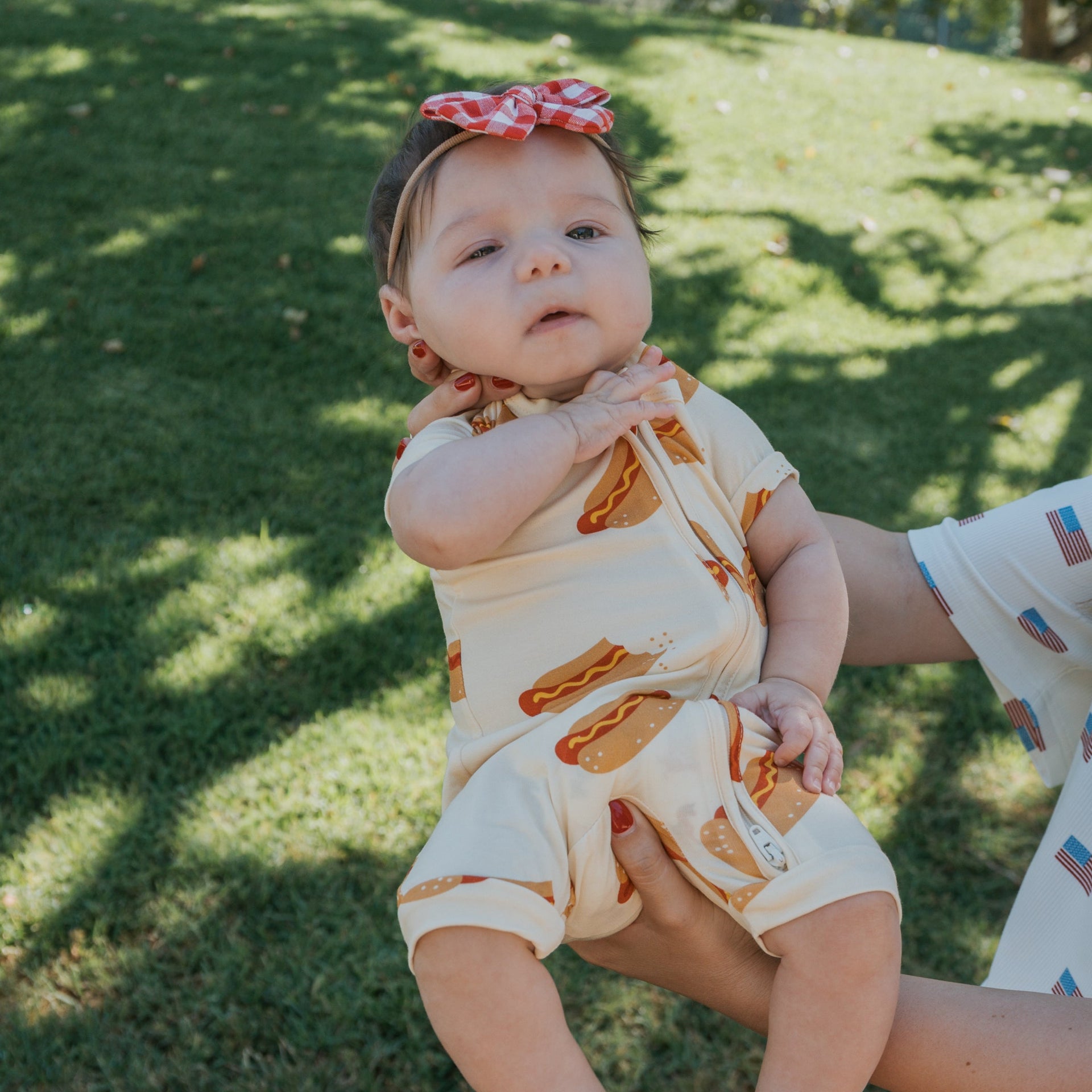 Shortie Bamboo Zip Romper for Babies in Hot Dogs Print