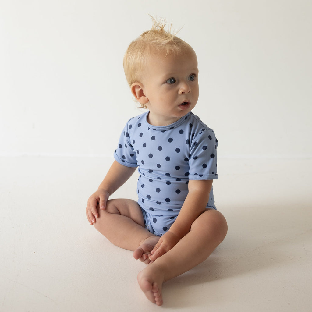 Baby Shortie Swimsuit in Sully Polka Dot Navy and Light Blue