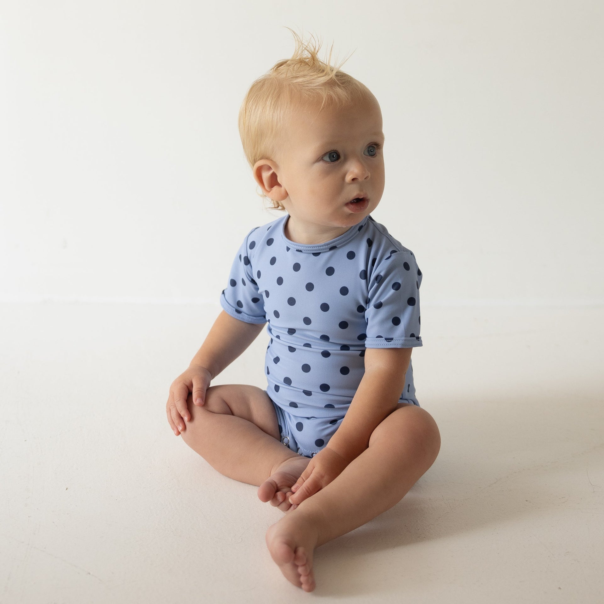 Baby Shortie Swimsuit in Sully Polka Dot Navy and Light Blue