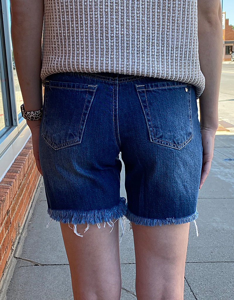High Rise Mom Fit Frayed Denim Shorts in Medium Blue Wash
