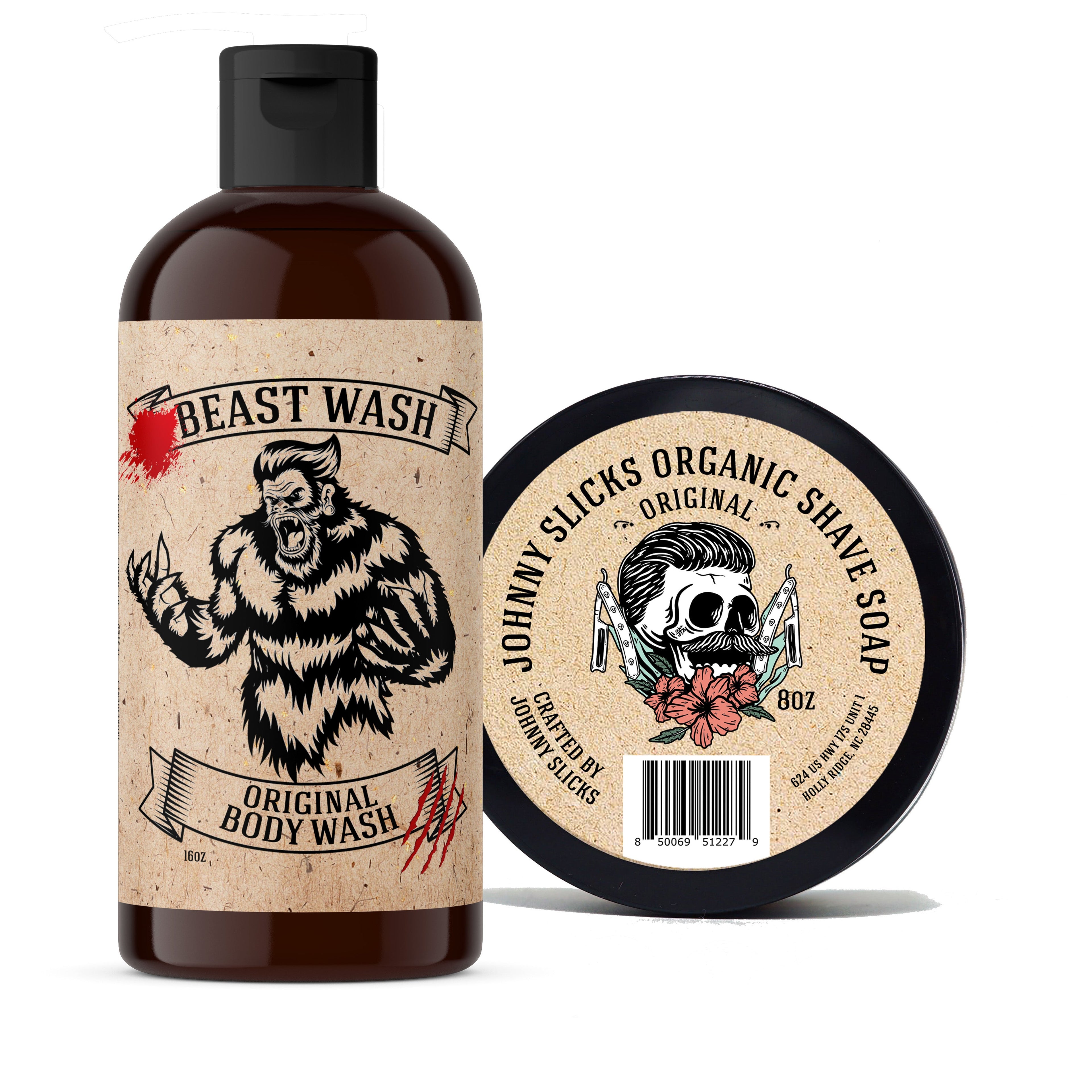 Johnny Slicks Beast Wash 16oz bottle and 8oz Organic Shave Soap container set