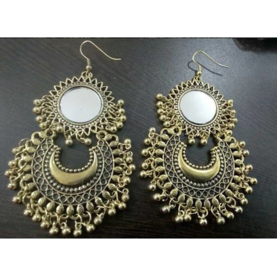Gold color earrings featuring a unique half-moon and sun celestial design