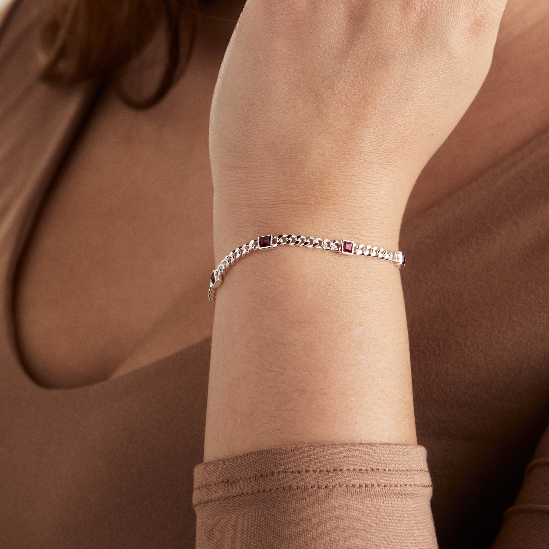 January Birthstone Scarlet Curb Chain Bracelet in Gold and Silver
