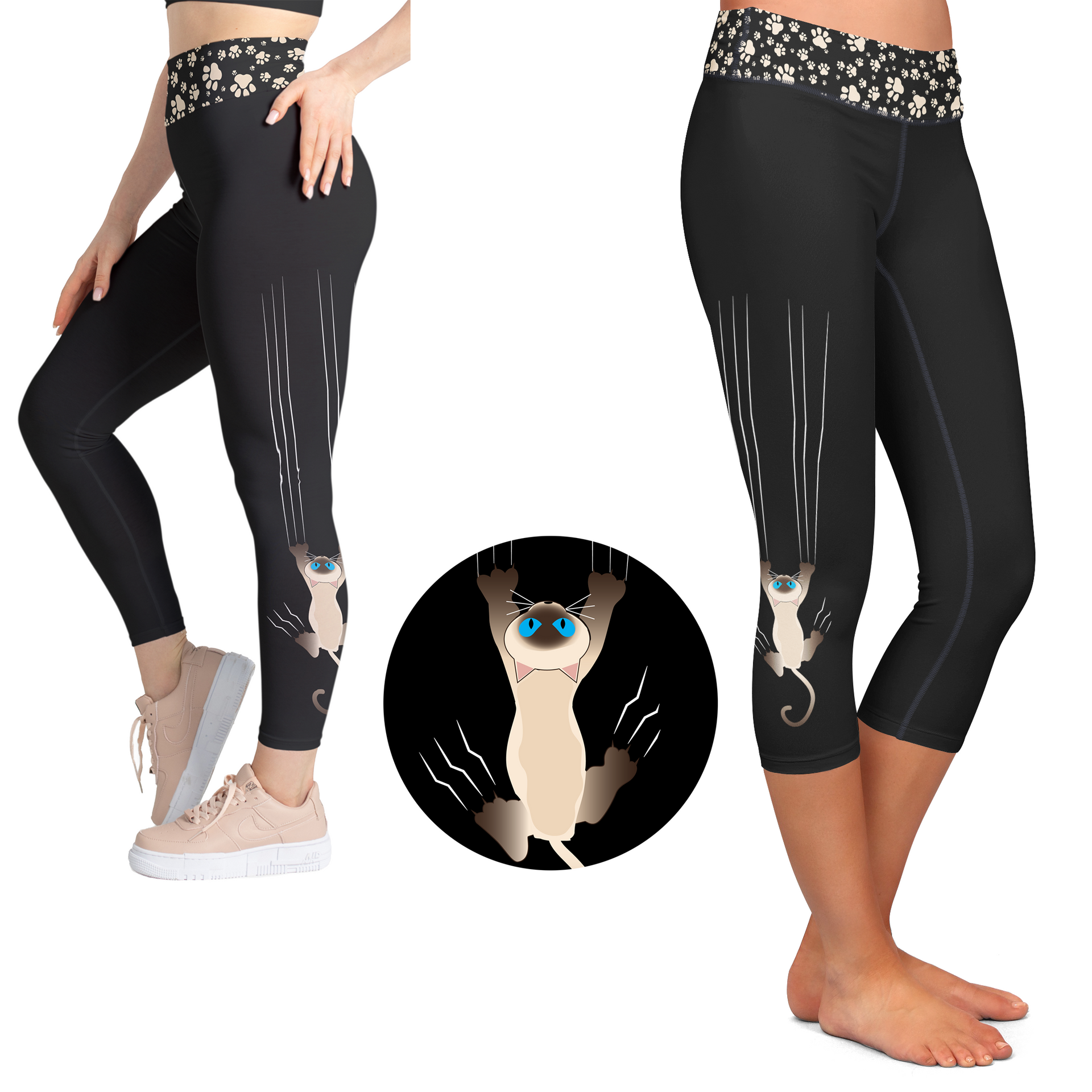 Siamese Surprise cat leggings in black and cream with blue-eyed kitty print and pockets