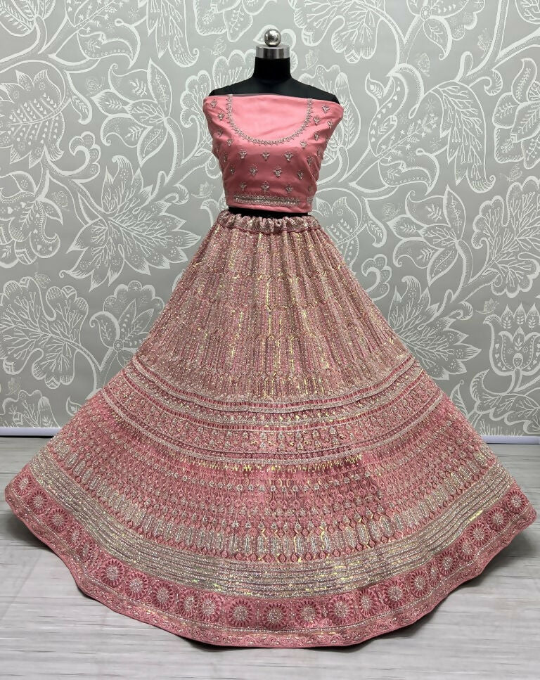 Pink Heavy Net Wedding Lehenga Choli with Rainbow Sequins & Dori