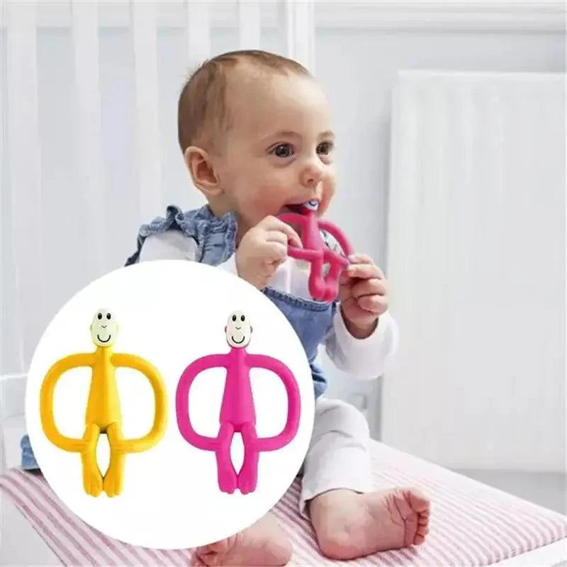 Cartoon monkey shaped silicone teether in yellow available for teething babies