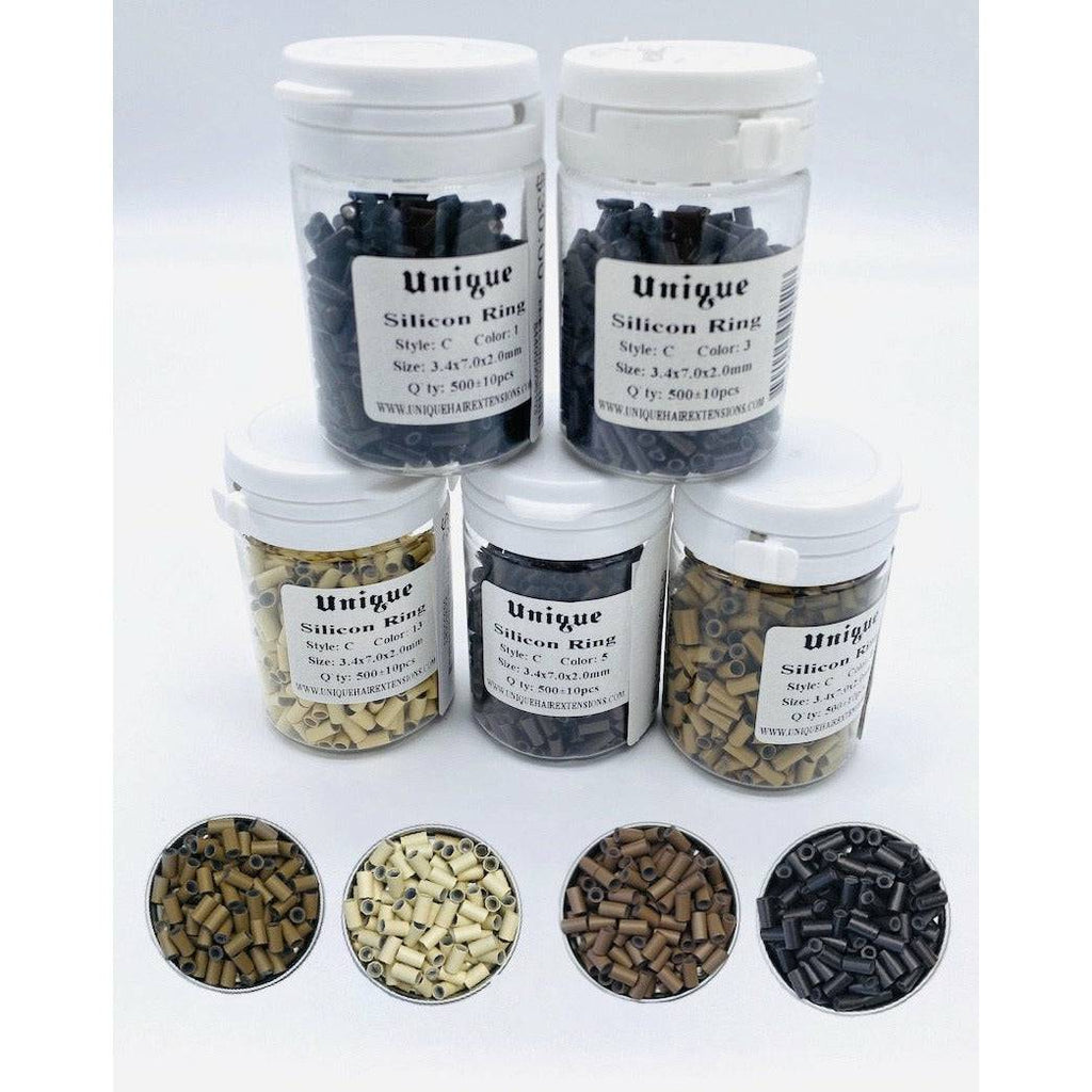 Professional beige and brown silicone-lined micro rings for hair extensions in 3.4 x 2.0 x 7.0 mm