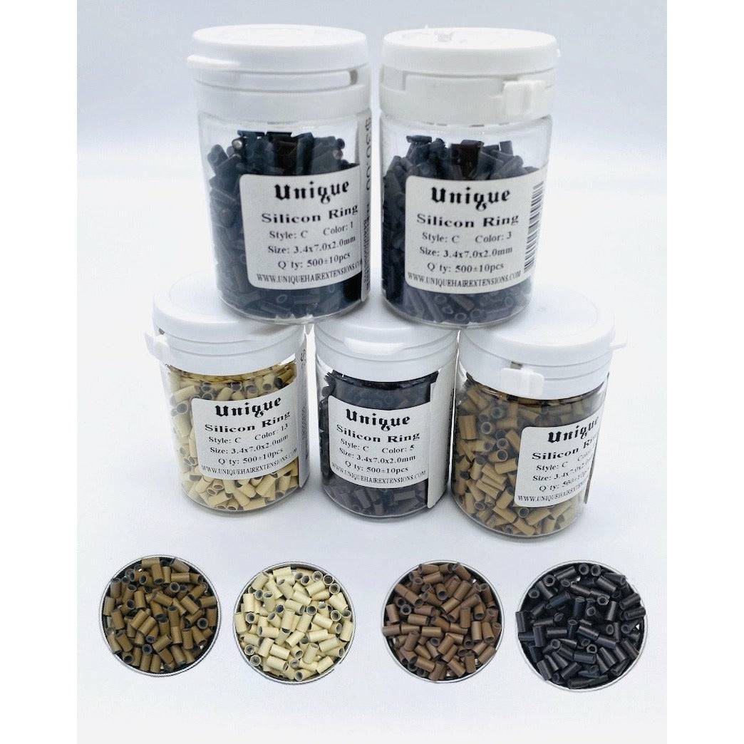 Professional beige and brown silicone-lined micro rings for hair extensions in 3.4 x 2.0 x 7.0 mm