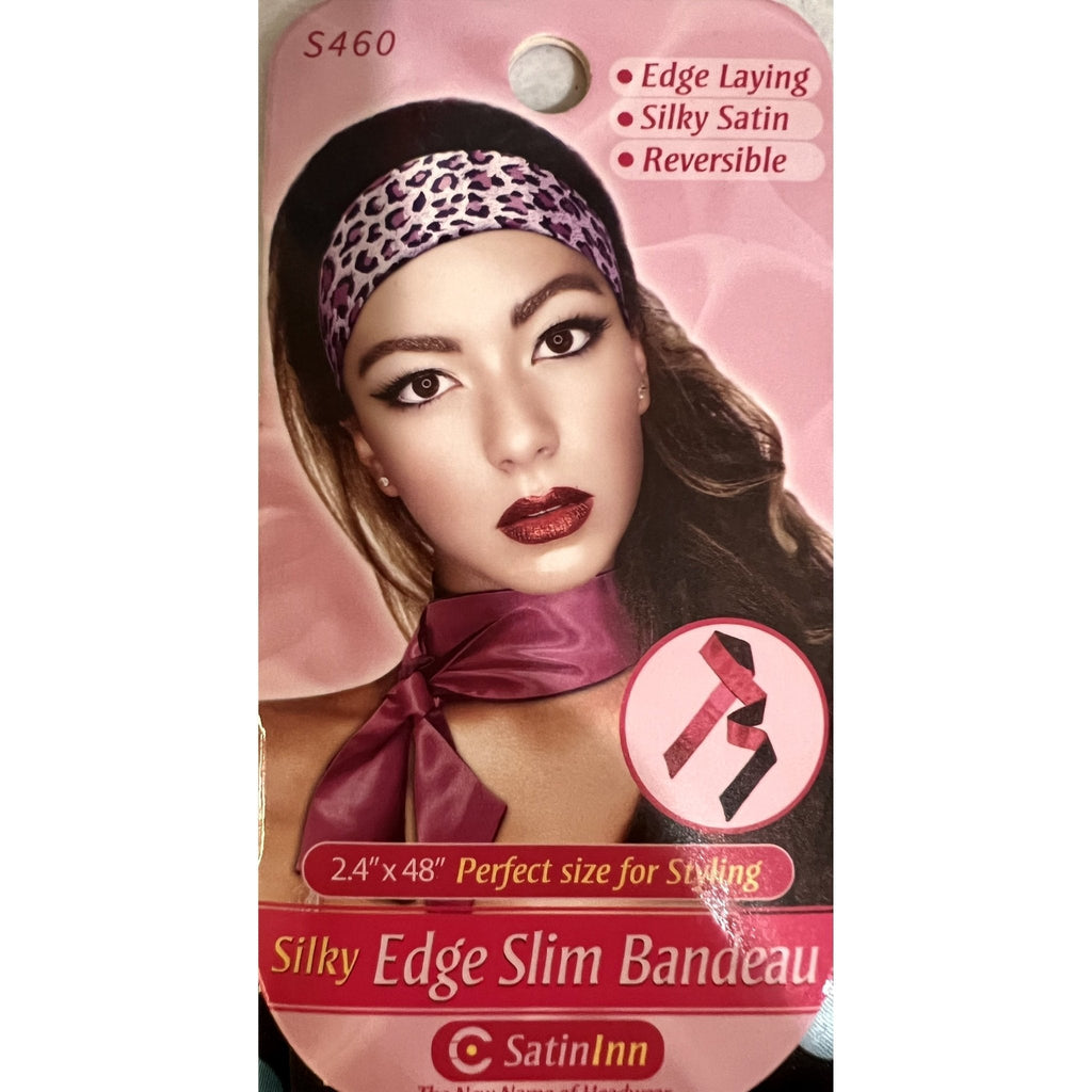 Black satin slim band with multi-colored pastel polka dots used as a hair scarf.