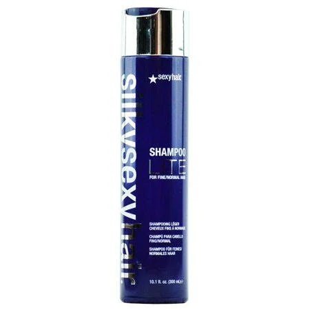 Blue and white bottle of Silky Sexy Hair Shampoo Lite for fine to normal hair.