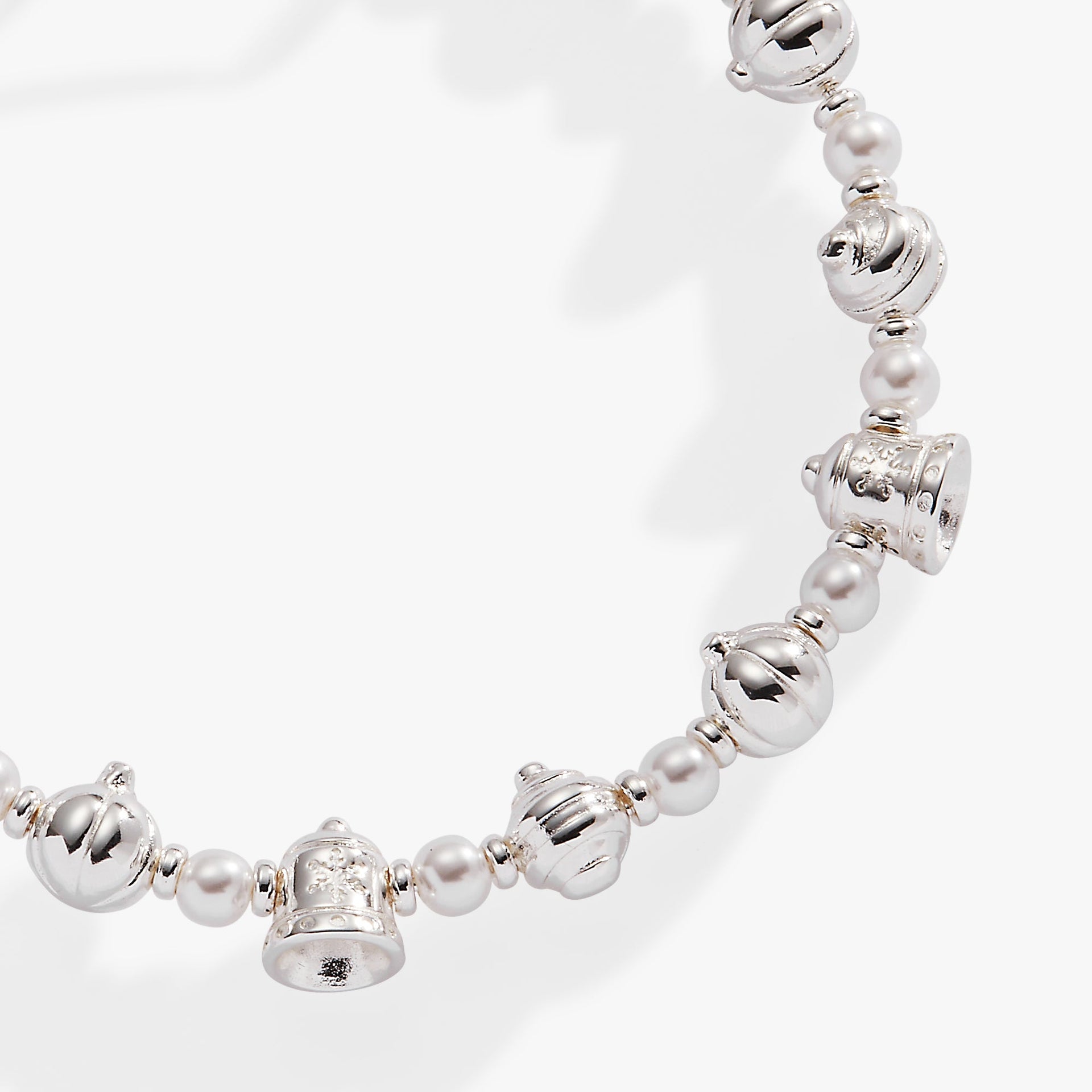 Festive Holiday Bells and Pearl Crystal Bead Expandable Bangle