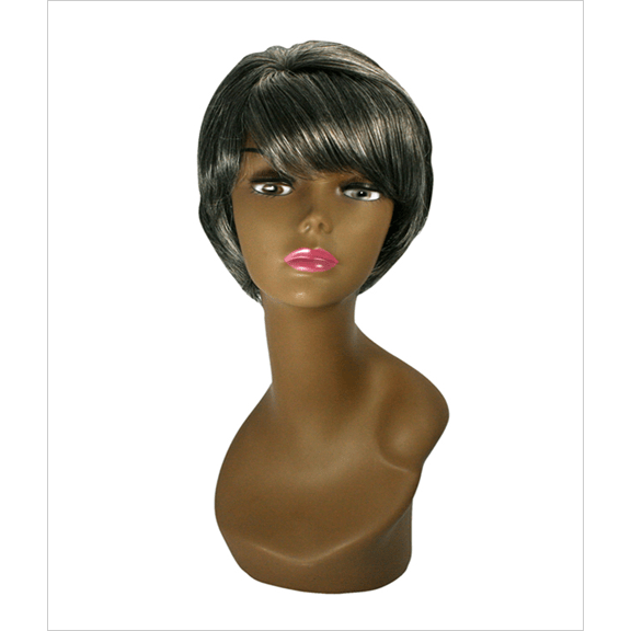 A woman wearing the sophisticated Silver Years Collection Everlasting Wig with a natural silver finish.